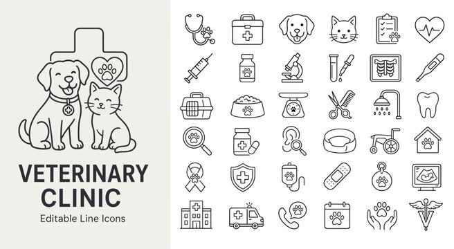 Veterinary clinic line icons for pet healthcare, animal medical treatment, dog and cat grooming, and veterinary medicine