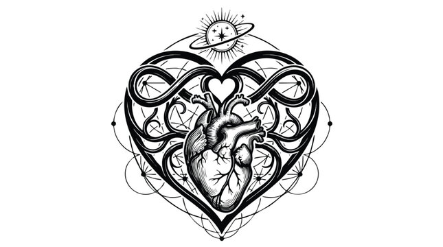 Anatomical human heart inside sacred geometry heart frame with anatomical, geometry