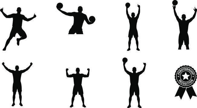 Basketball player and athlete silhouette set featuring victorious poses muscle flexing and championship award badge