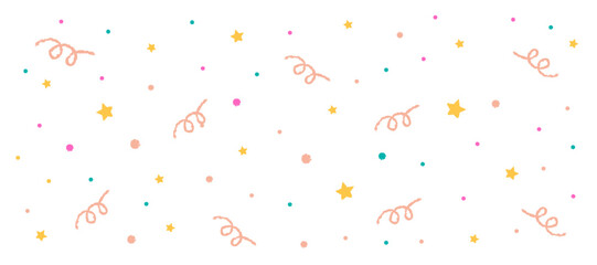 Cute colorful crayon style party banner with stars and confetti, isolated. Hand drawn doodle banner for design templates. Fun birthday abstract background on white. Confetti scribble set.