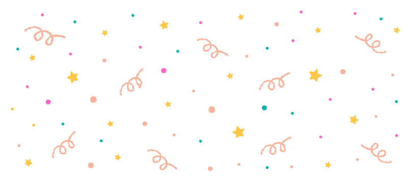 Cute colorful crayon style party banner with stars and confetti, isolated. Hand drawn doodle banner for design templates. Fun birthday abstract background on white. Confetti scribble set.