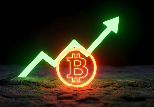Glowing neon cryptocurrency symbol with upward green trend line on dark