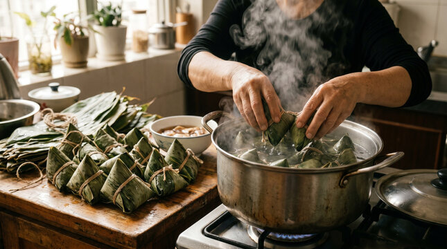 Cooking zongzi in a steaming pot on the stove. Boiling homemade rice dumplings in the kitchen.
Concept: traditional cooking, preparing a festive meal.