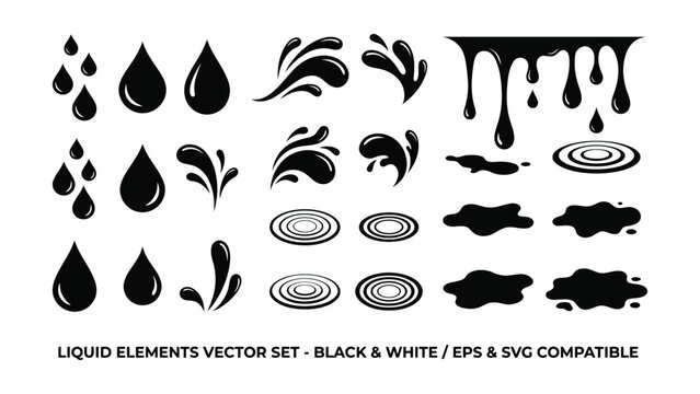 Liquid elements vector set with various drop and splash shapes for design and illustration  black and white