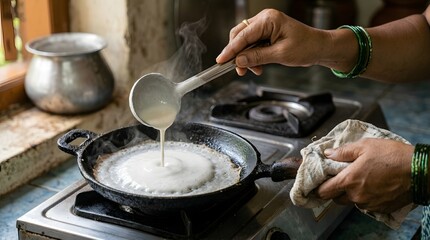 Fototapeta premium Close up of person pouring fermented rice batter onto hot skillet to cook traditional dosa.