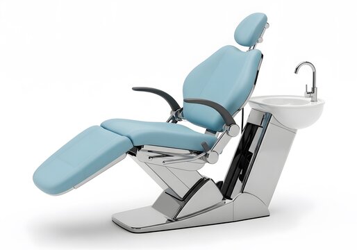 Modern light blue dental chair with sink in bright medical clinic room, hospital
