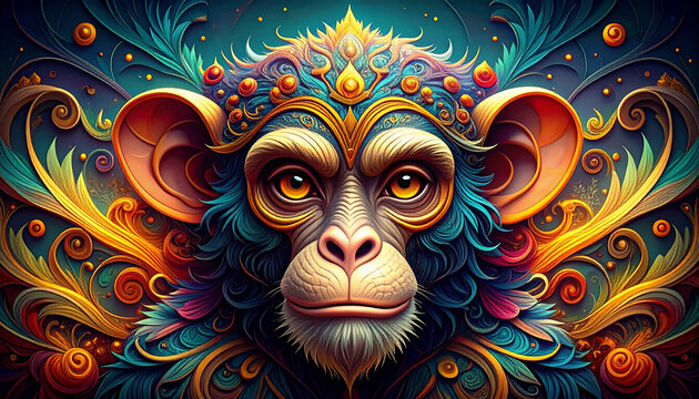 Vibrant detailed illustration of a monkey with ornate colorful embellishments