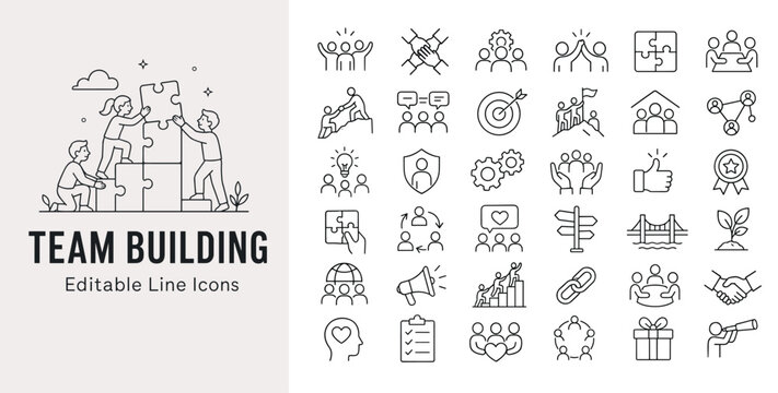 Teamwork and team building line icons representing business collaboration, partnership, leadership, and success