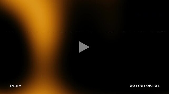 Abstract retro VHS light leak overlay featuring orange and white glowing shapes with analog glitch effects and vintage play text timecode on a black background