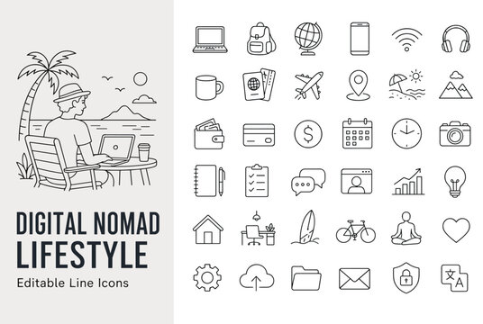 Digital nomad lifestyle line icons for remote work, travel, and freelance business