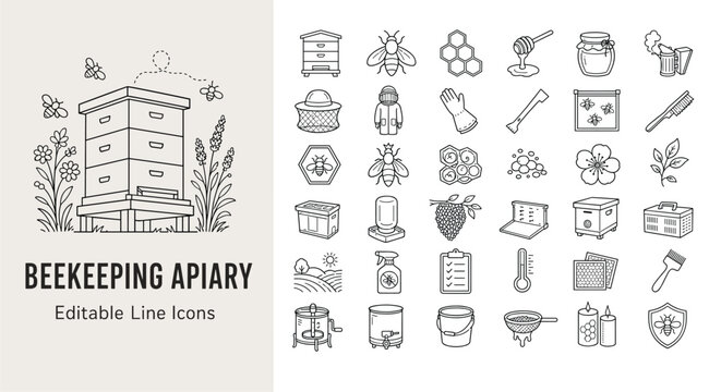 Beekeeping and apiary line icons of beehive, honey, bees, beekeeper suit, honeycomb, and honey extractor