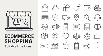 Fototapeta premium Ecommerce shopping line icons for online retail, delivery, payment, and digital marketing
