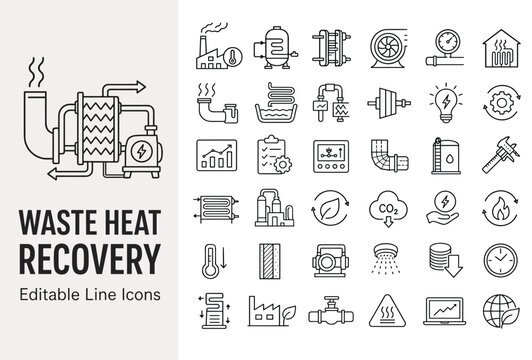 Waste heat recovery line icons representing industrial energy efficiency, thermal power, heat exchangers, and sustainable factory technology