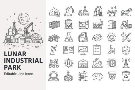 Lunar industrial park and space mining line icons for extraterrestrial manufacturing, colonization, and technology on the moon