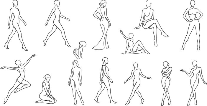 Feminine fashion model figures set with hand drawn continuous line art sketches of women silhouettes posing dancing walking and sitting gestures
