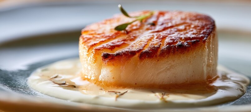 Single seared scallop with a crisp Maillard crust served on creamy sauce in a macro side profile.