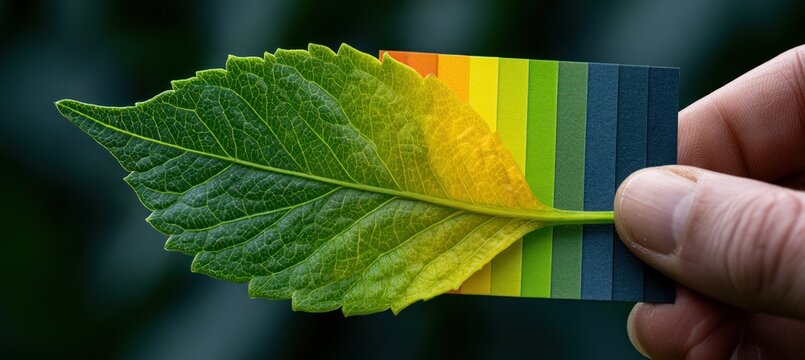 Caucasian adult man's hand holds a color comparison card beside a green leaf for science analysis.