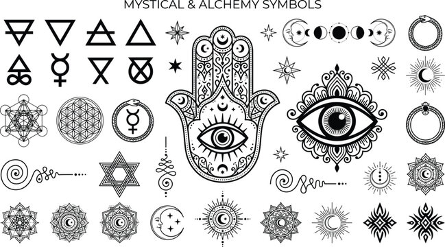 Mystical and alchemy symbols set with hand drawn line art sketches of hamsa hand evil eye sacred geometry moon phases and esoteric elements