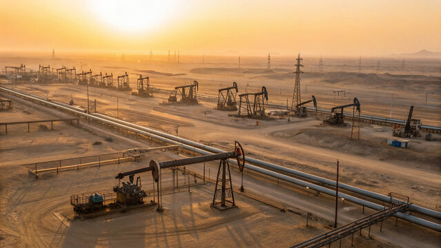 Photorealistic aerial view of a desert oil extraction field in saudi arabia at sunset