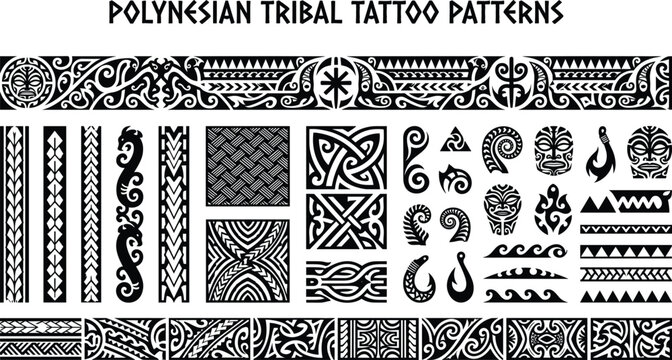 Polynesian tribal tattoo patterns set with vector illustrations of traditional maori black armbands seamless borders tiki masks fish hooks and ethnic ornaments