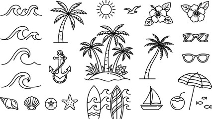 Summer beach vacation line art icon set with hand drawn sketches of palm trees ocean waves surfboard anchor hibiscus flowers and tropical elements © Malati