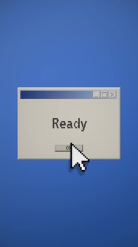 Retro operating system update window with loading progress bar and pixel cursor on a blue desktop, nostalgic tech mood for software and digital marketing