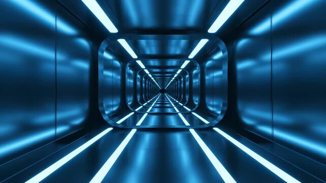 Futuristic metallic tunnel corridor with glowing blue neon LED lights on floor and walls. Symmetrical infinite perspective sci-fi spaceship interior design with reflective surfaces.