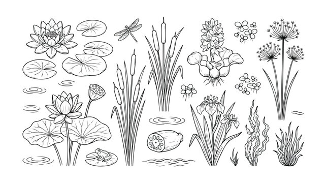 水生植物と水辺の生き物、手描き風の蓮、睡蓮、ガマ、アヤメ、カエル、トンボのベクターイラストセット。自然、生態系、池の表現に。