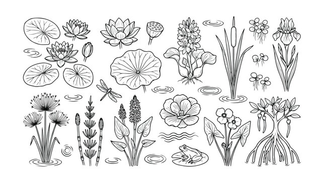 水生植物と水辺の生き物、蓮や睡蓮、カエルやトンボを含むモノクロ線画のベクターイラストセット。自然、生態系、池の表現に最適なデザイン素材。