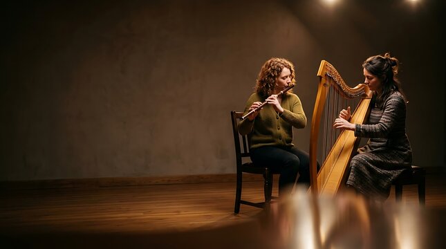 Musicians performing a duet with a harp and flute in a dark room