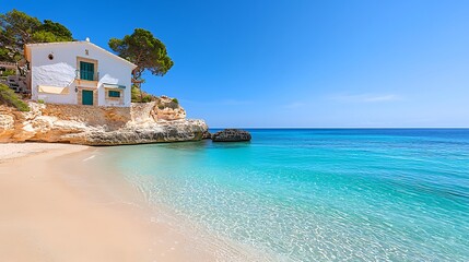 Fototapeta premium Idyllic coastal scene with white building on rocky cliff overlooking turquoise ocean and sandy beach under bright blue sky