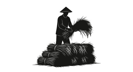 Man stacking hay bales high. © Nb