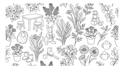 手描き風の可愛らしい植物と動物、子供向けアイテムの白黒線画イラストセット。教育、デザイン素材、塗り絵に最適なベクターコレクション。 © Aralan