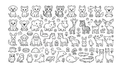 かわいい動物の赤ちゃんコレクション、線画で描かれた愛らしい動物たち、子供向け塗り絵や教育素材に最適なベクターイラストセット、50種類以上の動物アイコン © Aralan