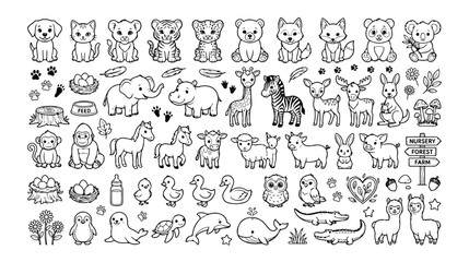 かわいい動物の赤ちゃんキャラクターセット、手描き風の愛らしい子犬や子猫、森の動物、海の生き物、農場の動物、サバンナの動物の線画イラスト、子供向けデザインや教育素材に最適なベクター素材集 © Aralan