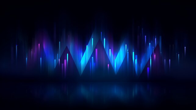 abstract glowing neon digital sound wave equalizer or financial stock market data chart on dark blue background with floor reflection