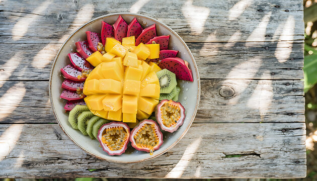 Colorful Tropical Fruit Bowl Arrangement on Rustic Wooden Table Outdoor