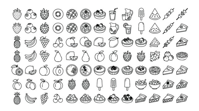 Delicious fruit and dessert line art icon set, a collection of 100 vector food illustrations for menus, recipes, and healthy eating designs. Sweet treats, fresh produce, and summer snacks.
