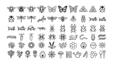 Minimalist insect and garden icon set, 60 black and white outline vector illustrations for nature, agriculture, and ecology designs, a comprehensive collection of bug and plant symbols. © Joe