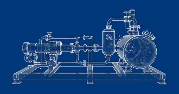 Industrial Pump Blueprint: A detailed technical drawing of an industrial pump system, presented as a blueprint on a blue background, showcasing intricate piping and components.