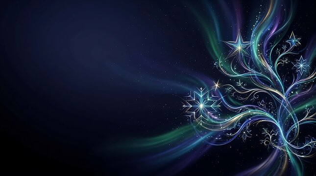 Magical winter scene with swirling light trails and glowing stars
