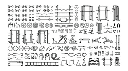Obraz premium Gym equipment line art vector collection, fitness workout exercise tools, strength training apparatus, bodybuilding and weightlifting gear, health and wellness studio elements
