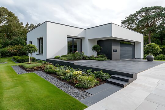 Modern minimalist white house with flat roof, large windows, landscaped garden, and paved driveway in suburban setting
