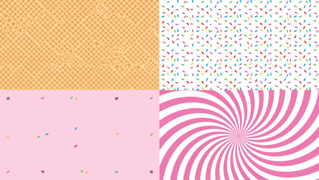 Four quadrant pattern background featuring waffle texture colorful sprinkles and pink swirl art