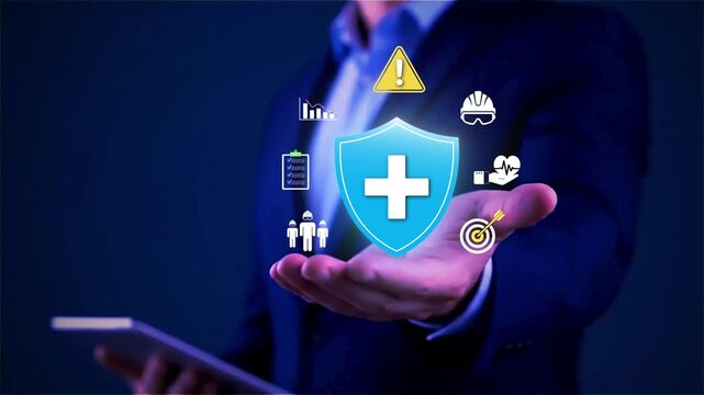 Work Safety Management and Occupational Health Protection with Risk Assessment, , Businessman work safety management, Employee health care, Personal protective equipment, Personal security, Saving cos