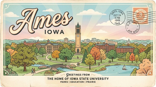 Vintage Retro Postcard of Ames, Iowa, Featuring Iowa State University Campus, the Iconic Campanile, Lake LaVerne, and Autumn Trees in a Classic Travel Poster Illustration