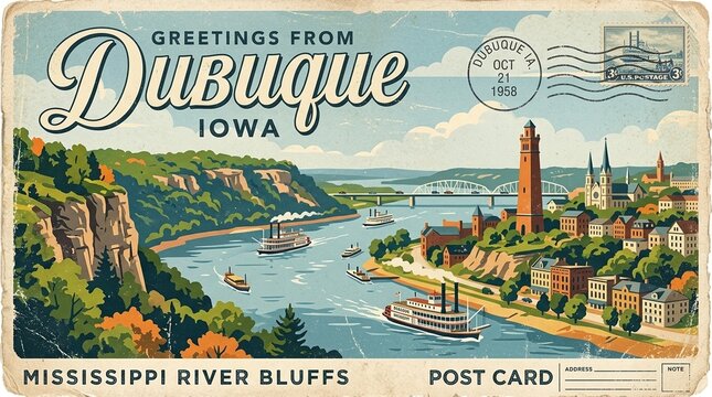 Vintage Retro Greetings from Dubuque Iowa Postcard Design, featuring Mississippi River Bluffs, Steamboats, Historic Shot Tower, and Distressed Grunge Texture