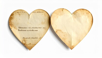 Obraz premium Vintage heart shaped paper pieces with handwritten text, romantic love symbols, textured old paper, decorative valentine's day design elements, isolated on white background