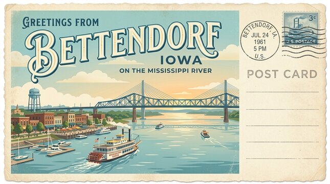 Vintage Travel Postcard Design of Bettendorf Iowa on the Mississippi River with Retro Paddlewheel Riverboat, Bridge, and Postmark Stamp