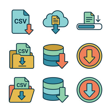 Collection of data download icons representing csv and database downloads.